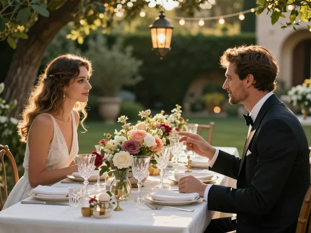 Une table de mariage élégamment dressée en extérieur avec une décoration florale raffinée et un couple souriant profitant d'un dîner au coucher du soleil.