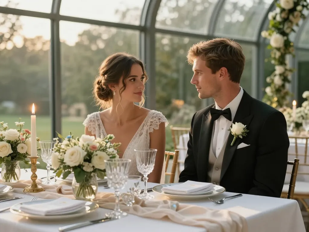 Table de mariage somptueuse avec décoration florale et couple échangeant un regard complice lors d'une réception haut de gamme.