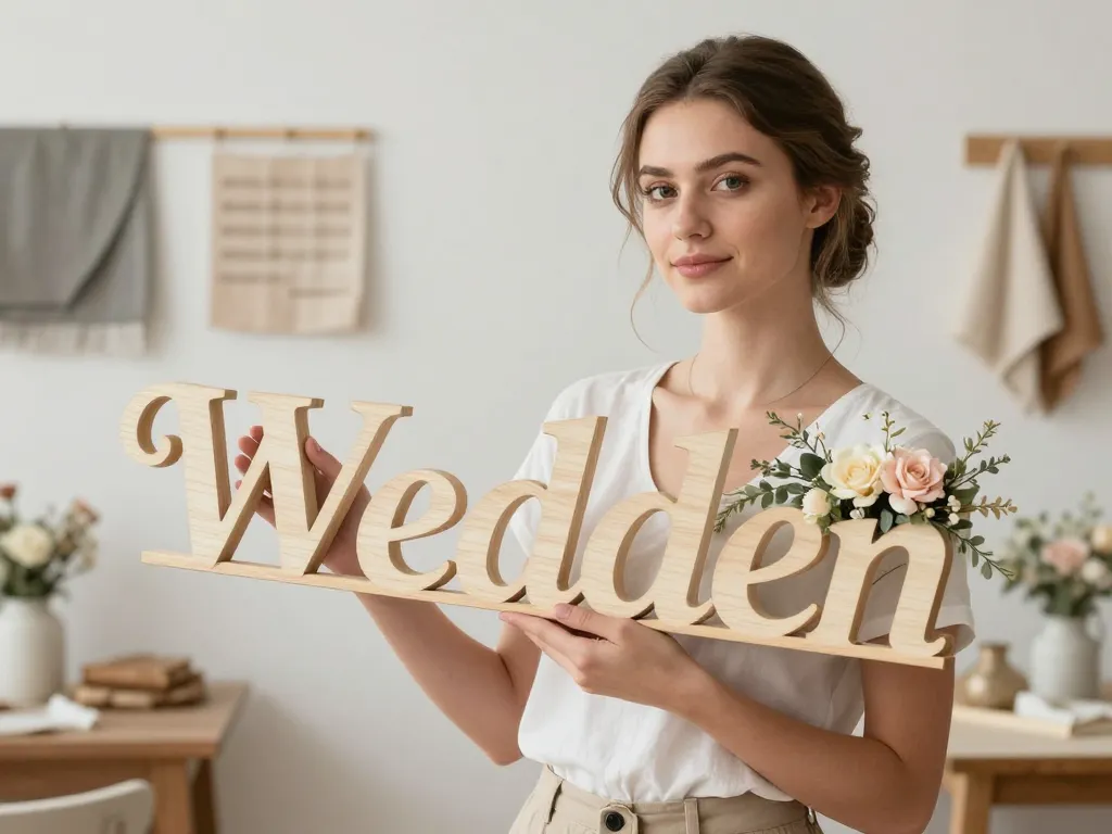 Une décoratrice de mariage agençant une signalétique en bois personnalisée ornée de fleurs de saison devant son mur d'inspirations.