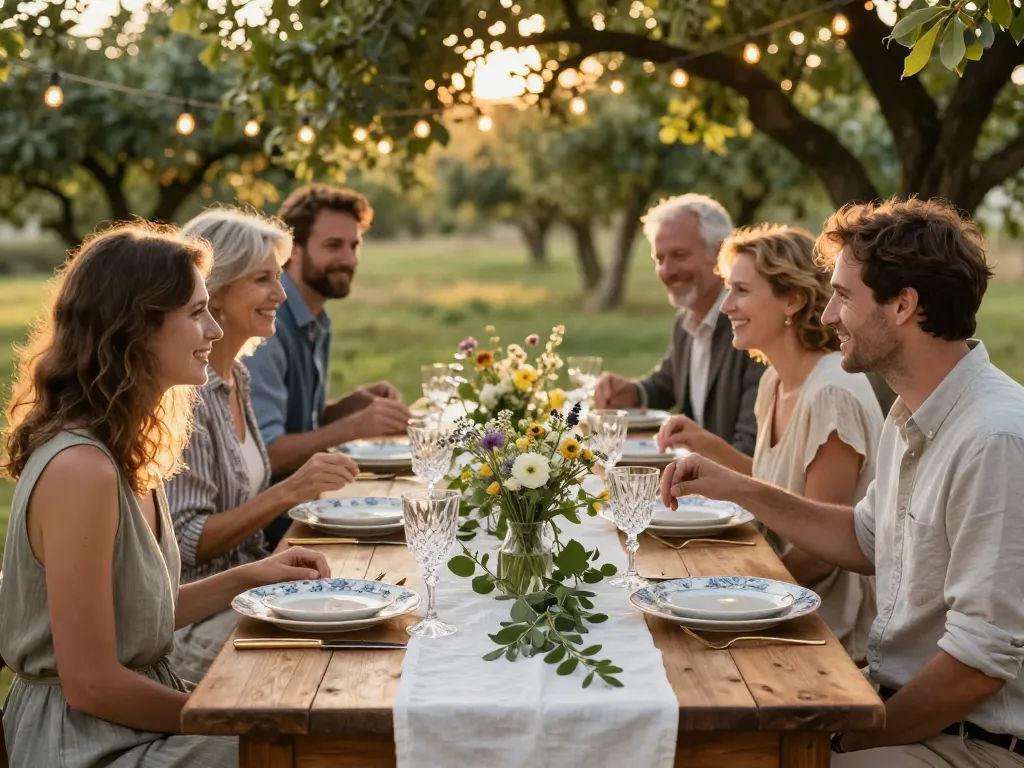 Table de banquet de mariage champêtre chic décorée avec des fleurs sauvages et de la vaisselle raffinée en extérieur sous les arbres.