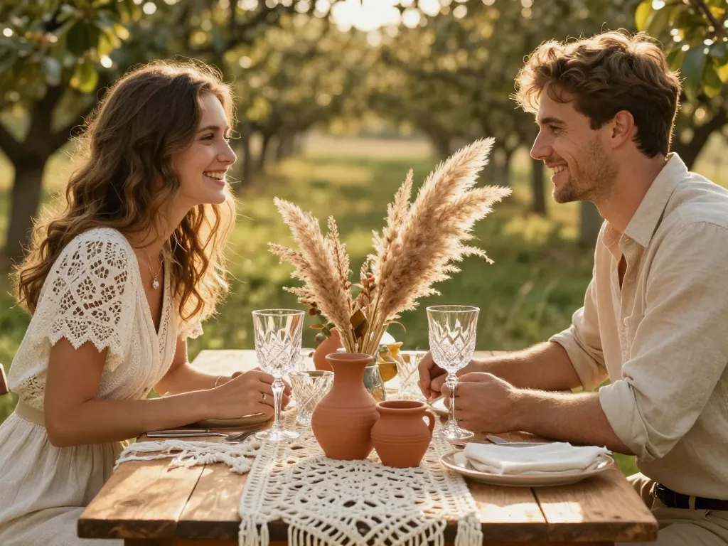 Décoration d'une table de mariage bohème avec macramé et fleurs séchées dans un verger au coucher du soleil.