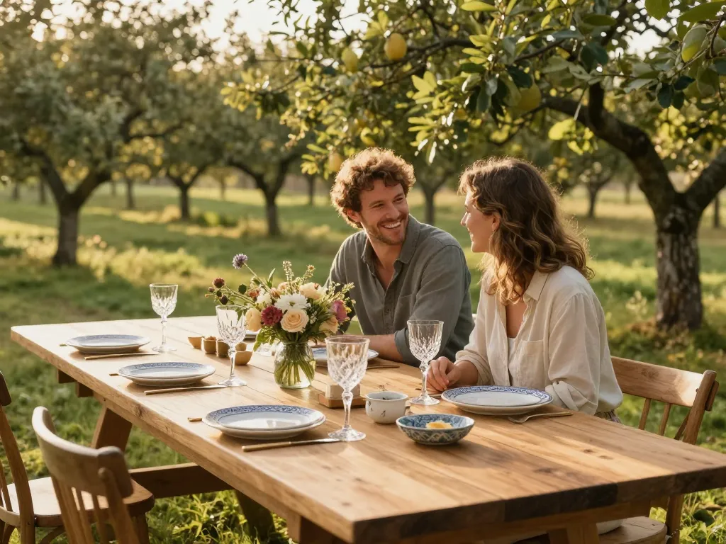 Grande table de mariage en bois brut élégamment dressée avec des compositions florales dans un jardin ensoleillé pour une réception champêtre.
