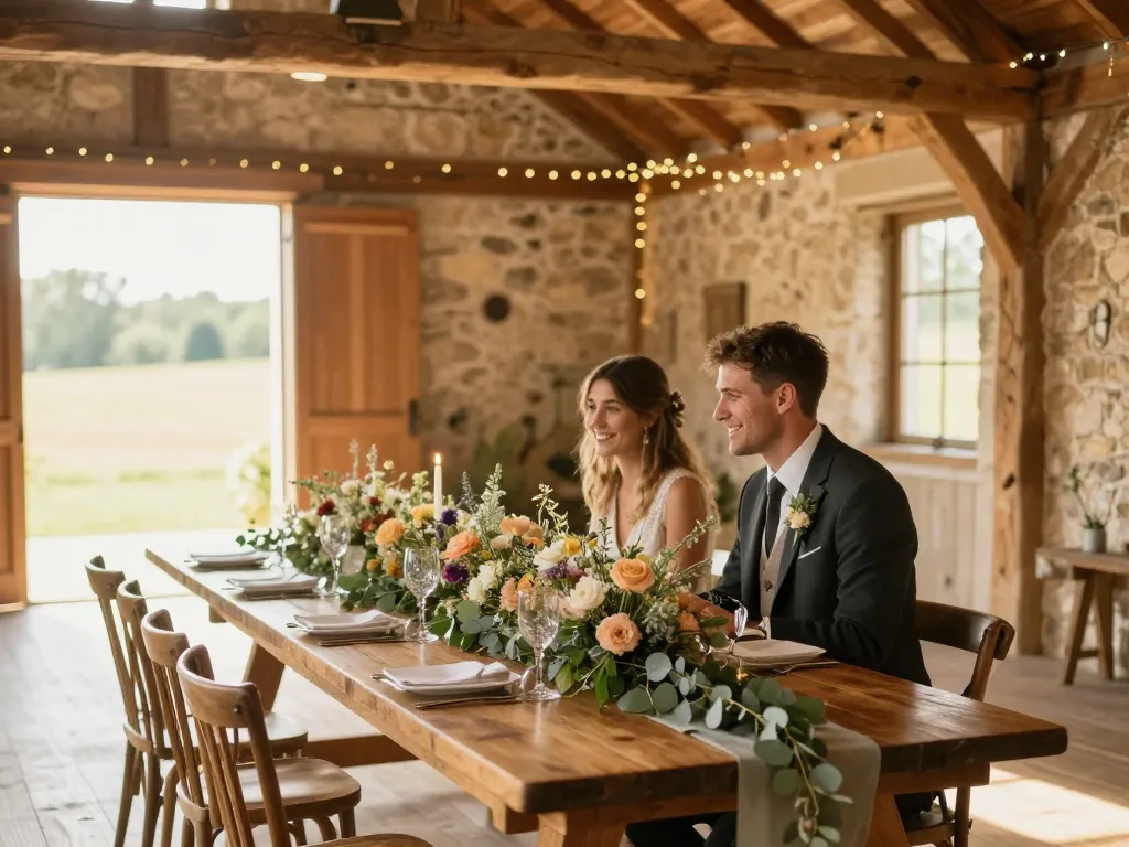Une table de mariage champêtre avec un chemin de fleurs sauvages et de la vaisselle vintage dans une grange rustique élégante.