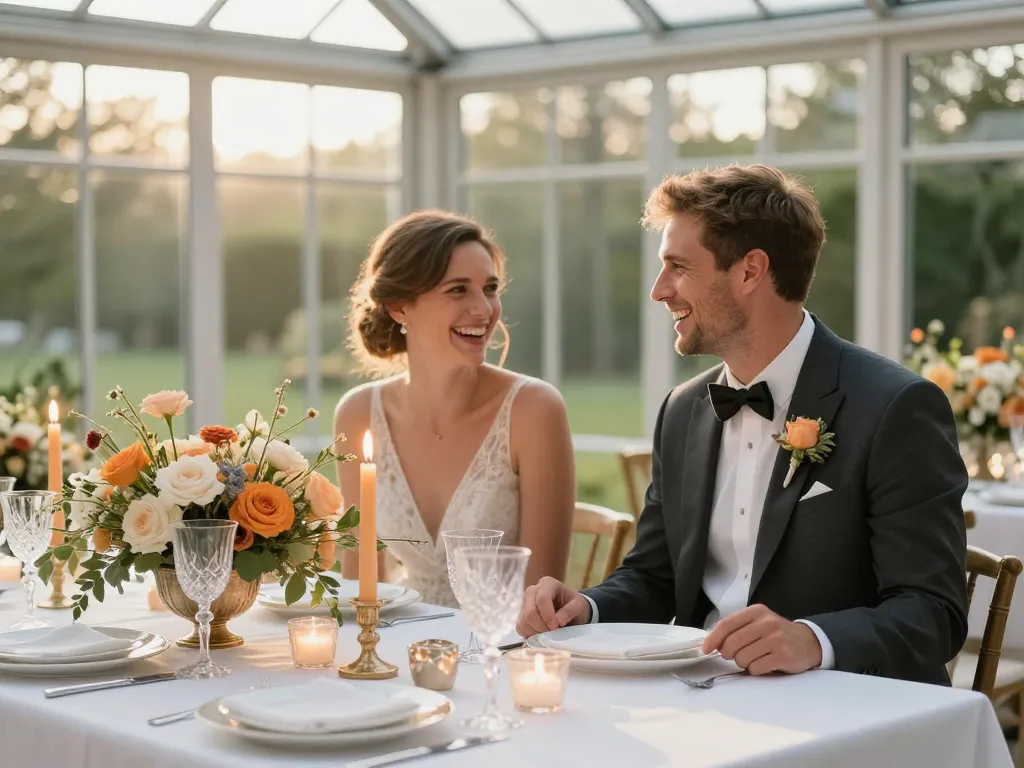 Une table de fête de mariage élégante avec des compositions florales, de la vaisselle raffinée et des invités souriants dans une orangerie lumineuse.
