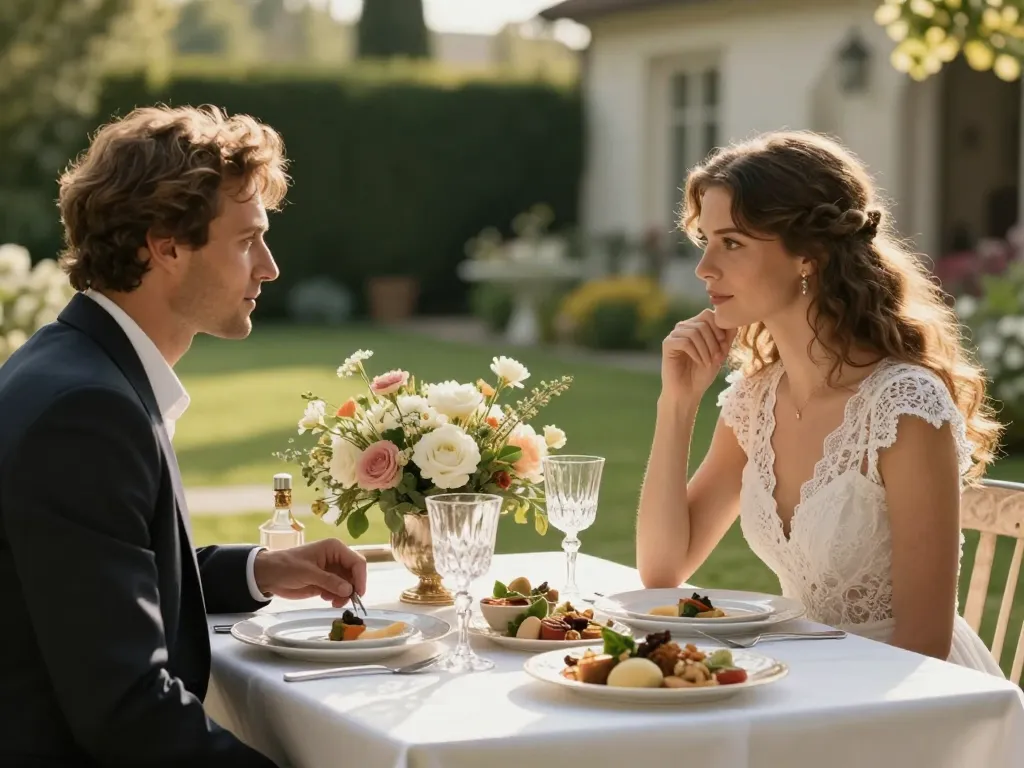 Décoration de table gastronomique pour un mariage élégant avec compositions florales raffinées et vaisselle de luxe.