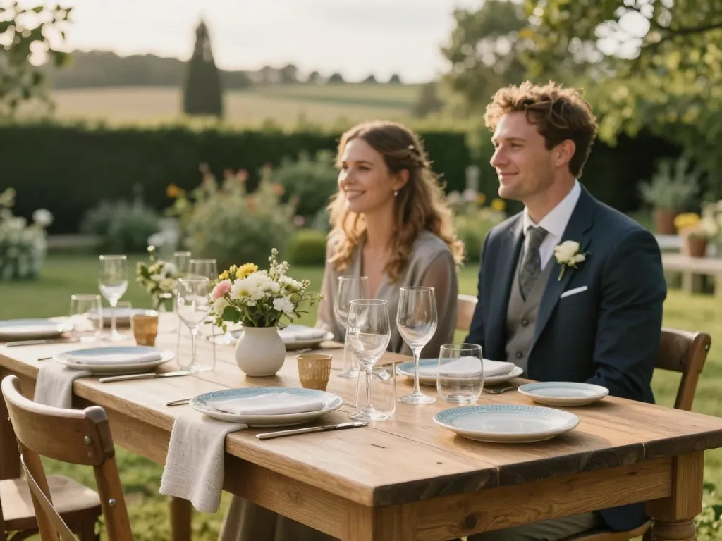 Une table de mariage champêtre élégamment dressée avec des matières naturelles comme le lin et le bois dans un jardin ensoleillé.
