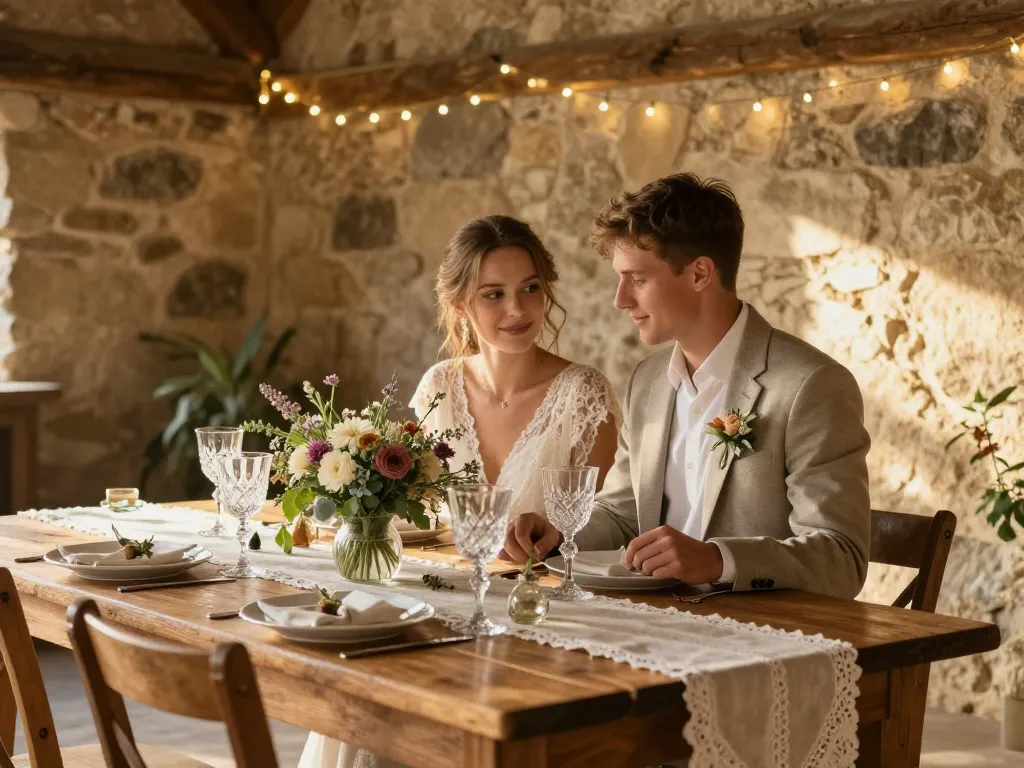 Décoration de table de mariage rustique chic avec fleurs des champs et couple de mariés dans une grange élégante.