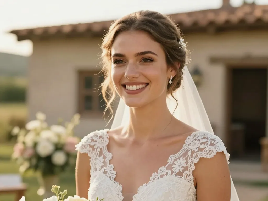 Portrait radieux de Léa, une mariée comblée devant une décoration de mariage champêtre aux tons pastel.