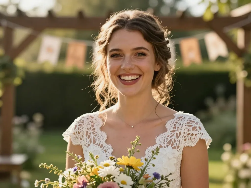 Portrait d'une mariée souriante prénommée Chloé tenant un bouquet de fleurs des champs lors d'une réception de mariage en extérieur.