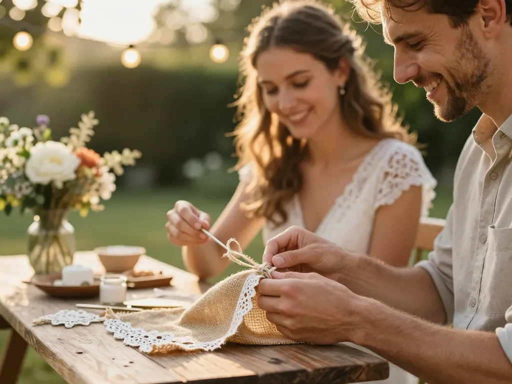 Couple souriant confectionnant des décorations de mariage rustiques en toile de jute et dentelle sous des guirlandes guinguettes lumineuses.