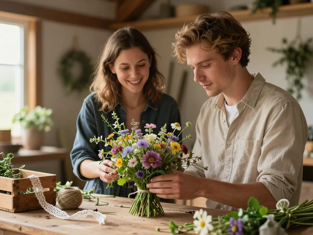 Un couple confectionnant un centre de table floral avec des fleurs sauvages pour un mariage champêtre.