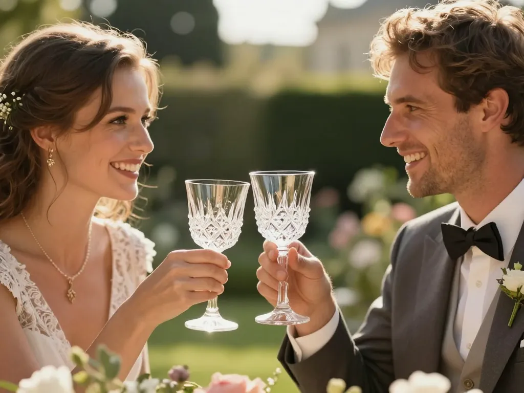 Couple de mariés souriants trinquant avec des verres en cristal rétro lors d'une réception de mariage élégante en plein air.